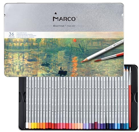MARCO Matite Colorate 7120-36 Colori Solubili in Acqua - Matite Esagonali in Legno con Pennello - Set Ideale per Principianti - Scatola di Ferro, Portatile