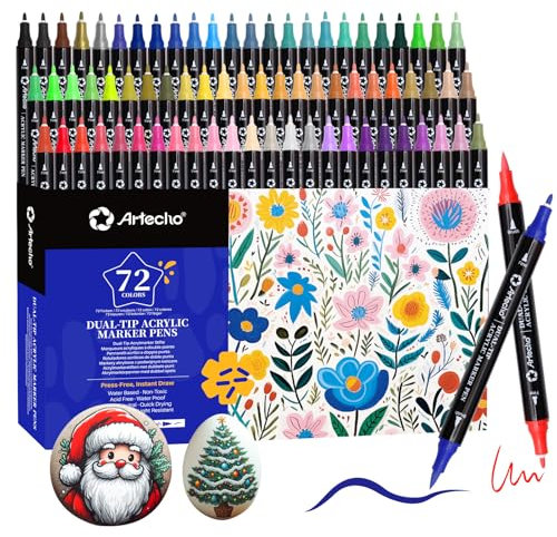 Artecho Lápices acrílicos de 72 colores, 0,5 – 5 mm, resistente al agua, doble punta (pincel y punta fina), con extremos dobles para pintura de roca, papel, madera, huevo, lienzo