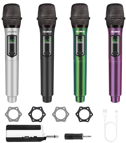 Talomen Micrófono inalámbrico profesional, sistema cuádruple 2.4 GHz, micrófono dinámico recargable con receptor, alcance de 160ft, ideal para karaoke, canto, fiestas, K604 Plata, Negro, Verde, Morado