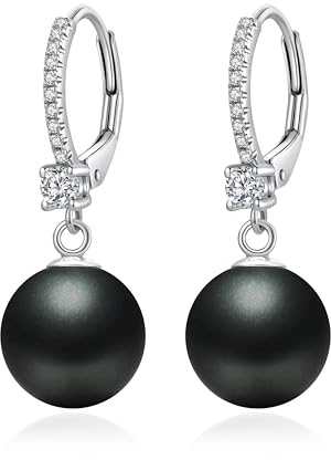 Orecchini Perle Argento Sterling 925 Orecchini Pendenti Leverback Perle per Donna Perla Zirconi Gioielli Regali Perla Ggrigio Scuro 10 mm