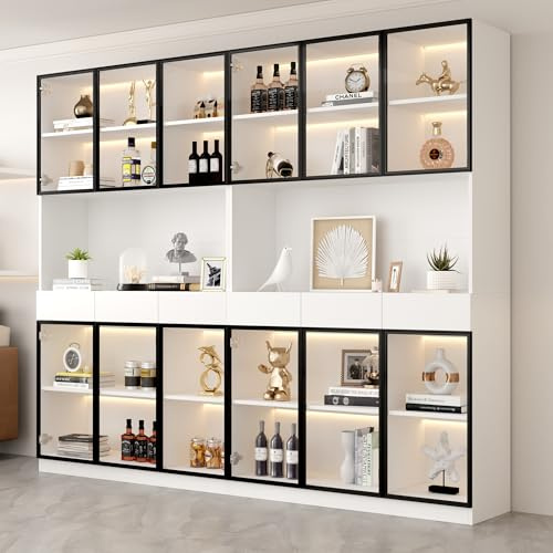 Dolamaní Armadio con illuminazione a LED, 30 x 240 x 200 cm, vetrina con 6 ante in vetro e piano di lavoro, armadio in vetro per soggiorno (bianco A x2)