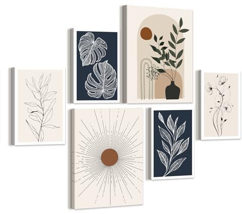 WENGTIAO 6 Piezas Boho Botánico Neutro Cuadros Enmarcados, Minimalista Abstracto Plantas Pintura sobre Lienzo Cuadros Decoracion Salon Modernos Dormitorios Decoracion Hogar Pared