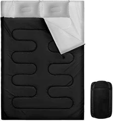 Sleeping Bag, 3-4 Season Double Sleeping Bag with 2 Pillows Camping Travel, Extra Large Lightweight Waterproof Indoor & Outdoor Use for Adults for Hiking, Backpacking and Camping (Black Double)