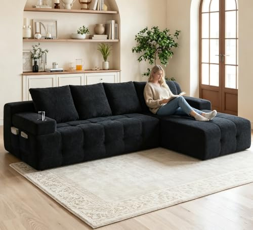 luckdect Canape Dangle Convertible, 260cm Canapé 4 Places avec Méridienne, 2 Porte-Gobelets, Sac de Rangement, Tissu Chenille, Canapé d'angle en L pour Salon, Appartements