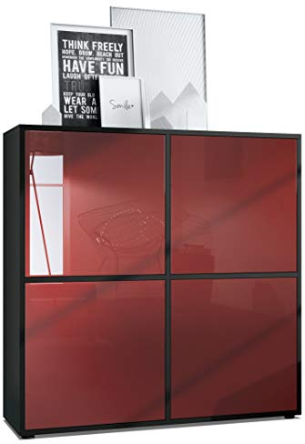 Vladon Highboard Cuba V2 Schrank 104 x 105,5 x 35,5 cm Sideboard mit 8 Fächern, Made in Germany, Korpus in Schwarz matt/Fronten in Bordeaux Hochglanz
