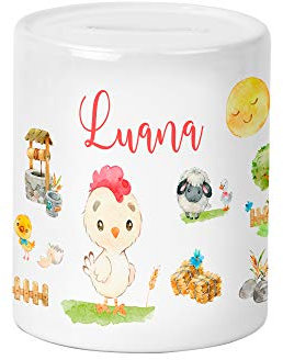 Bauernhof Huhn Kinder-Spardose für Jungen und Mädchen mit Namen personalisiert zur Einschulung Taufe Geburtstag Sparschwein