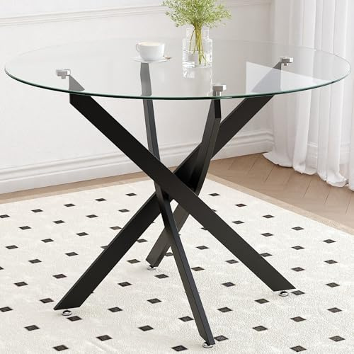 GOLDFAN Esstisch Glas Wohnzimmertisch Klein Rund Glastisch Küchentisch Moderner Tisch mit Schwarze Beine für Wohnzimmer Büro Küche