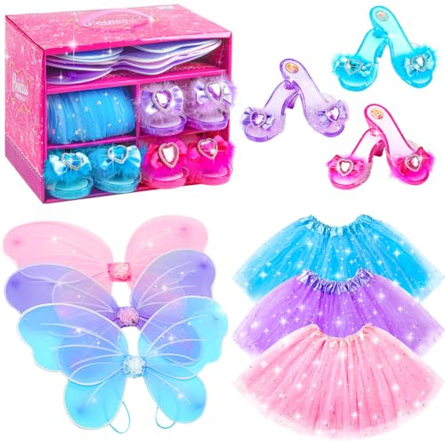 BIBUTY Princess Dresses with Fairy Wings, Dress Up Clothes Pretend Play Costumes Trunk with 3 Sets of Princess Dress Up Shoes, Glitter Girls Tutu Skirts and Butterfly Wings, Toys for 3-6 yr Girls