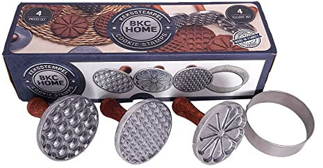 BKC HOME Keksstempel Cookie Stamp – 4-teiliges Keks Stempelset, 2 Stile Kekse Stempel mit Ausstechform, Keks Stempel mit Holzgriff, Keksstempel Set (Stil 1 (Geometrische Formen)), 31xx10x9 cm, KS1