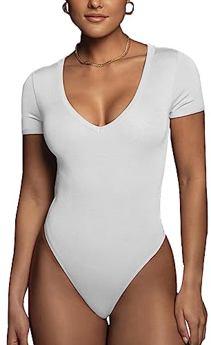 Rongseng Body Femme Manches Courtes Bodysuit Col en V Bodycon Une Pièce Bodys Stretch Combinaisons Jumpsuit Élégant Justaucorps Eté Haut Top T-shirt
