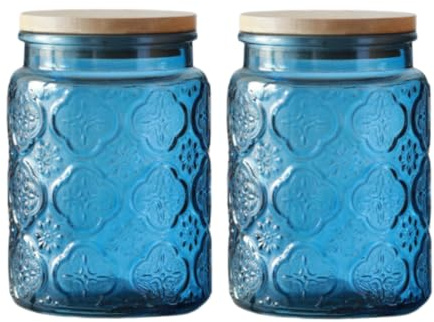 ANSQU Blaue Glasdosen, Vintage-Vorratsdosen mit Deckel, 60 ml, dekoratives Glas für Zuhause, Küche, Kaffee, Tee, Kekse, Süßigkeiten, Blau, 2 Stück