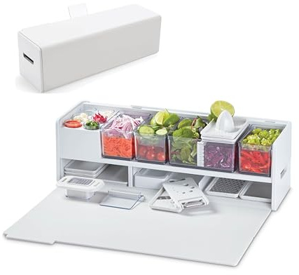 Prepdeck Gen 2 Rezeptvorbereitungs- und Aufbewahrungsstation – 8 wichtige Werkzeuge + Deluxe-Schneidebrett, 14 Kunststoffbehälter + superversiegelte Deckel, abnehmbare Müllfächer, Tablet-Ständer im