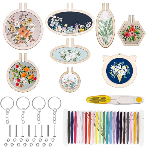 Glarks 20Pcs Mini Holz Stickerei Reifen Set Kreis, oval vertikal, oval horizontal, achteckig, Katze Ohr Form, kleine Tinny Ring Stickerei Kreis mit Stickerei Faden für DIY Handwerk hängende Ornament