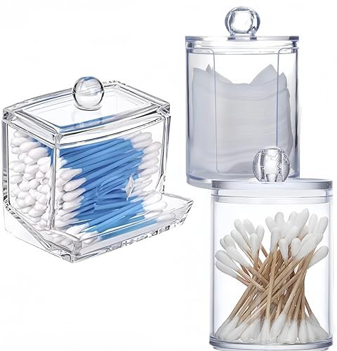 MIEGUIWOR 3 Wattestäbchen Behälter und Wattepadspender aus Hochwertigem PET – Klar, Staubdicht und Langlebig – Ideal für Kosmetik, Q-Tips und Make-up – für Bad, Schminktisch und Büro (transparent,D)