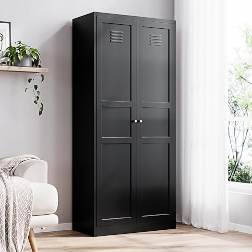 Yizosh Metal Storage Cabinet with 2 Doors and 5 Adjustable Shelves - 71 Black Kitchen Pantry Storage Cabinet, 5-Tier Tall Steel Cabinet Locker for Kitchen, Living Room, Dining Room