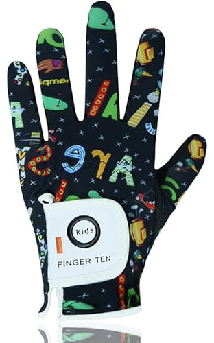 FINGER TEN Golfhandschuhe Kinder Jugend Junior Mädchen für Linke Hand, Junge Golf Handschuhe Atmungsaktive Mikrofaser Synthetische Rechtshänder für Alter 4-13 Jahre (schwarz, S)