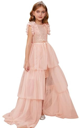 GRACE KARIN Girls Cute Glitter Sequin Dresses Maxi Princess Dress+Mesh Tiered Skirt Party Outfits Champagne Pink 13-14 Years