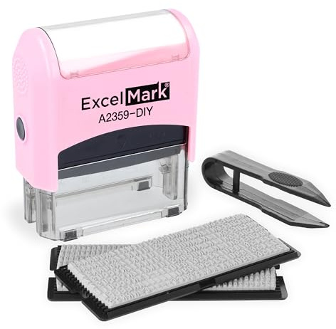 ExcelMark Self-Inking DIY Custom Rubber Stamp Kit - Personalized Stamper for Business or Home - Address Stamp, Message Stamp, and More (Pink)