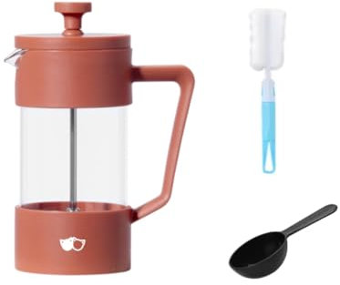 W&M Cafetera Francesa - French Press de Acero Inoxidable con Vidrio de Borosilicato - Triple Filtro - Cuchara Medidora + Limpiador - Rosa - 350ml