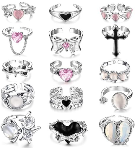 HTTDSLF 15 Pièces Bagues pour Femmes, Gothique Bague Argent Femme, Bague Femme Acier Inoxydable Bague, Y2K Punk Bague Pierre de Lune, Bagues Réglables pour Femmes