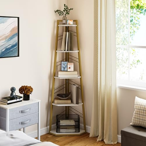 YITAHOME Scaffale angolare a 5 ripiani, libreria angolare industriale, libreria da pavimento, libreria aperta in legno per soggiorno, corridoio, camera da letto, casa, ufficio, librerie dorate
