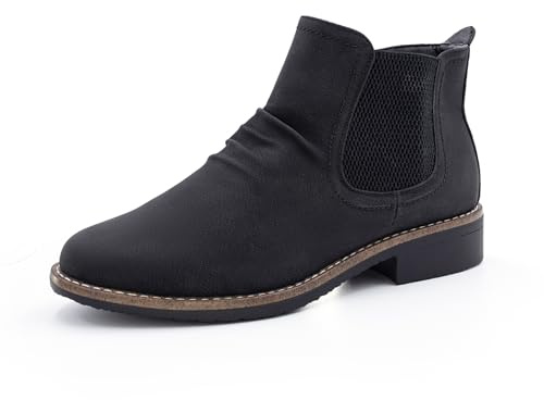 Cushion Walk Women's EEE Extra-Wide Fit Faux Nubuck Leather Ruched Low Block Heel Chelsea Ankle Boots (8 UK, Black)