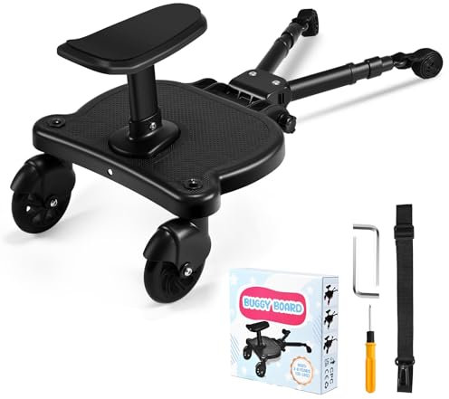 Buggy Board, Trittbrett für Kinderwagen Universal, Buggy Board für Alle Kinderwagen, Kiddy Board mit Sitz, für Kinder von 2 bis 6 Jahren, Maximale Belastung 25 KG (schwarze Räder)