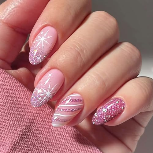 JMEOWIO Gel Nail Stickers Christmas Glitter Snowflake Semi Cured Gel Nail Strips Wraps UV/LED Nails Art Design Decoration Accessories
