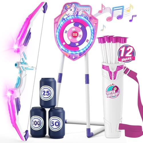 HYES Bow and Arrow for Kids, LED Light Up Unicorn Archery Set with 12 Suction Cup Arrows, 1 Standing Glow Target, 3 Score Targets & 1 Quiver, Indoor Outdoor Sport Toys for Boys Girls Ages 4-12