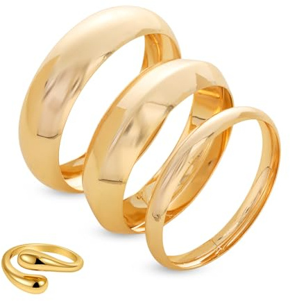 Leikedun 3Pcs Chunky Gold Bangles with 1pcs Adjustable Gold Rings for Women