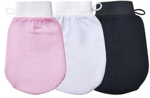 Shirene Guanti Esfolianti,Set di 3 Guanti Esfolianti Guanto Doccia Guanto per Doccia Spa Massaggi e Rimozione delle Cellule Morte Nero Bianco e Rosa Realizzati in Fibra di Viscosa