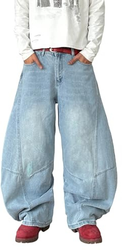 QGRSWBC Mens Baggy Jeans Mid Waist Washed Denim Pants Irregular Sutures Trousers Wide Leg Jeans with Pockets Light Blue L