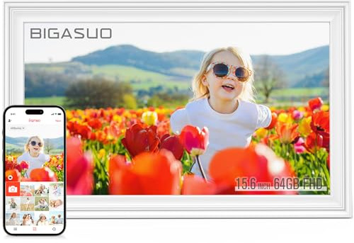 64GB 15.6 Frameo Digital Photo Frame WiFi Bright White - 1920 * 1080P FHD IPS Touch Screen Large Electronic Picture Frames, Auto Rotate, Wall Mountable, Sharing Photos and Videos