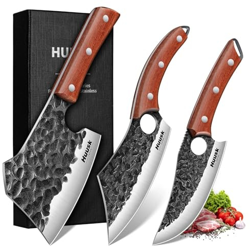 Huusk Butcher Knife Set of 3 - Full Tang Meat Cleaver Knife Set for Meat Processing, Hand Forged Viking Knives Sets with Bone Axe, Heavy-Duty Kitchen Knives Sets for Outdoor BBQ Cooking, Gifts for Men