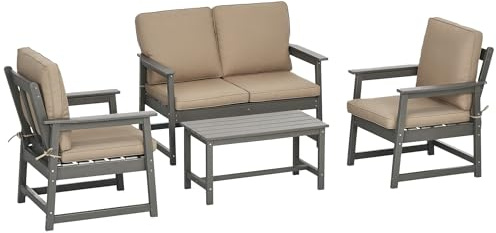 Outsunny Salotto da Giardino in HDPE con Divanetto, Tavolino e 2 Poltrone, Set da Esterno 4 Pezzi con Cuscini, Grigio Scuro