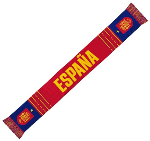 RFEF BUFANDA ESPAÑA 2026 – Bufanda Oficial de La Selección Española – Diseño Rojo con Bandas Azules, “ESPAÑA” en Amarillo, Escudo Flecos Multicolor