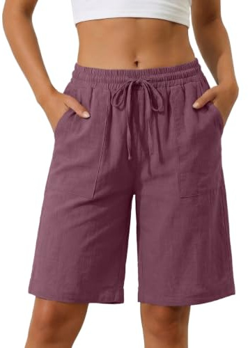 PrinStory Shorts för kvinnor, sommar, knälång, bermudashorts, elastisk hög midja, sommarbyxor, korta byxor, M