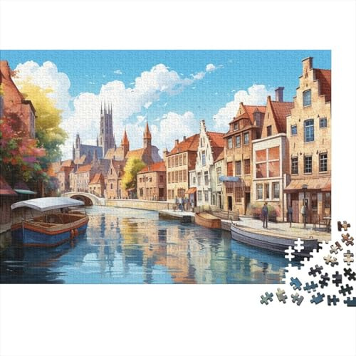 Utsikt över kanal belgisk stad pussel 1 000 bitar pussel för vuxna papper fritid heminredning gåva 70 x 50 cm/1 000 st