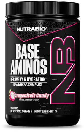 NutraBio Base Aminos EAA + BCAA Powder –10g Essential Amino Acids Supplement, 6g 2:1:1 BCAAs, 2.8g Hydration Matrix with Electrolytes & Absorption Enhancer AstraGin® – 30 Servings- Dragon Fruit Candy