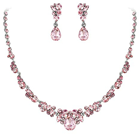 Ever Faith Bridal Jewellery Set Pink Rhinestone Crystal Wedding Prom Party Floral Teardrop Necklace Earrings Sets for Brides Silver-Tone