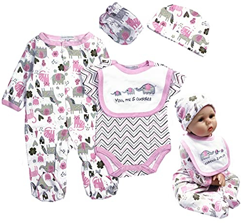 Reborn Baby Girl Doll Clothes 22 inch Newborn Outfits Accesories Elephant 5 Piece Set for 20-22 inch Reborn Doll Matching Clothing