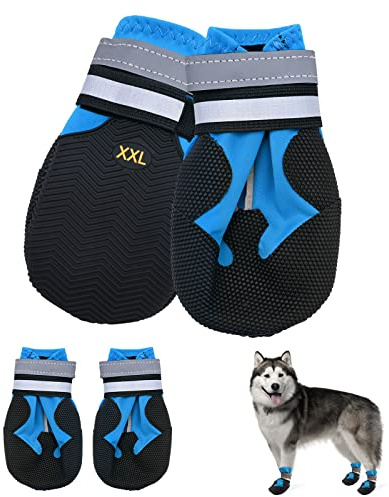 Dog Boots, Set of 4 Waterproof Dog Shoes with Reflective Straps Anti-Slip Sole Outdoor Paw Protectors Puppy Shoes for Small Medium Dogs Autumn Winter (Blue, XXL)