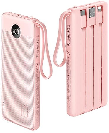 VRURC Power Bank 10000mAh Batería Externa con 4 Cables de Carga Integrados UCB C Cargador Movil Portátil Pantalla Digital LED con 4 Salidas y 2 entradas Compatible con Huawei y Smartphone - Rosado