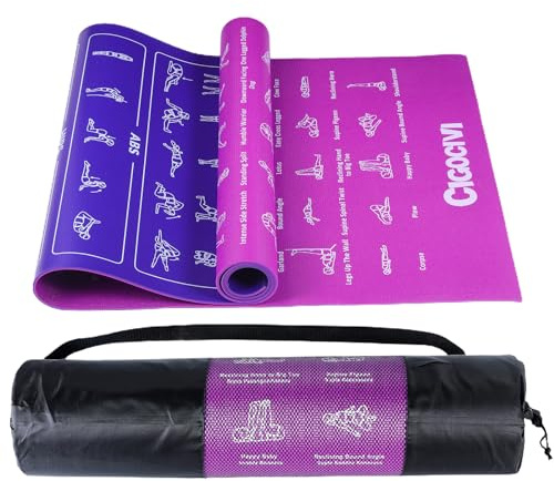 CIGOCIVI Instructional Travel Yoga Mat with 75 Asanas Poses & Exercises - Christmas Gifts for Wife and Girls, Exercise Mat for Home Workout, Includes Carrying Bag, 68x24x0.25 (Purple/Blue)