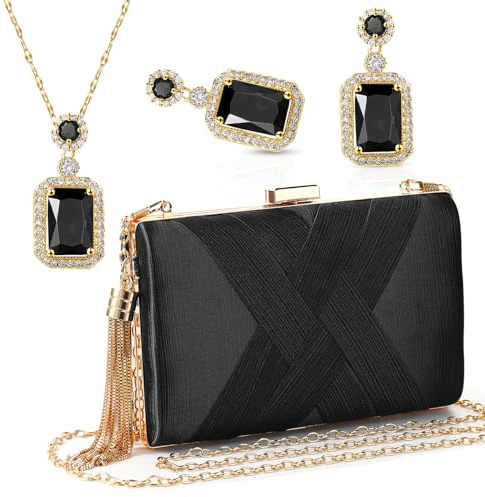 Jadive 3 Piezas Set de Bolso de Mano de Mujer y Joya Cartera de Noche de Boda Vintage Monedero de Banquete Bolso de Embrague de Mujer Set de Joya Pendiente Retro Collar Brillante (Negro)
