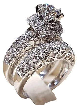 QUSIIOSLK Luxury 925 Sterling Silver Bridal Rings Sets AAA Cubic Zirconia CZ Full Diamond Engagements Rings Wedding 2 Pcs Promise Anniversary White Gold Rings for Women Jewelry 7