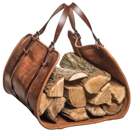 DarkRabbit Leather Firewood Carrier, Cabin Wood Log Carrier, Large Log Tote Bag for Fireplace, Campfire, or Outdoor Fire Pit | Heavy Duty Leather Wood Holder for Winter or Camping Stove 44X20