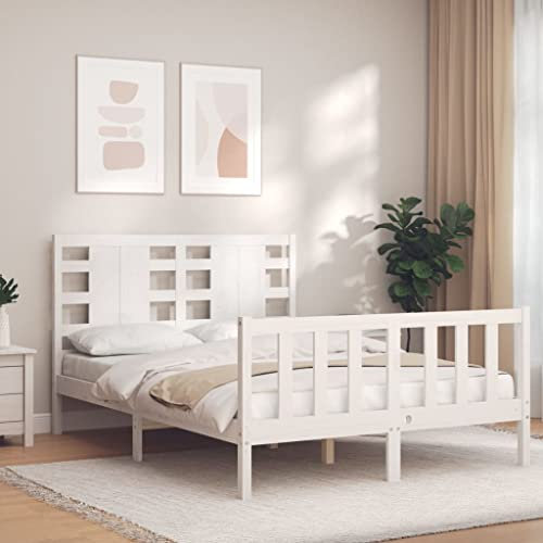Gecheer Massiv träsäng, träsäng, massivt trä, säng, dubbelsäng/enkelsäng, balksäng, sängram, sängram, ribbotten med sänggavel vit