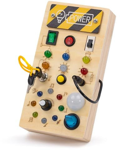 Busy Board Montessori in Legno con Luci, Batterie Incluse, Educativo e Sensoriale 3+Anni, Tavola Attività Bambini, Giochi per Bimbi e Bimbe