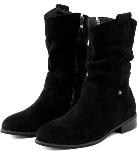 Générique Bottines Larges en Daim pour Femme Bout Pointu à Talon Bas Bottes mi-Mollet à Enfiler avec Boucle - Bottes de Marche Confortables et légères (Black, 43)